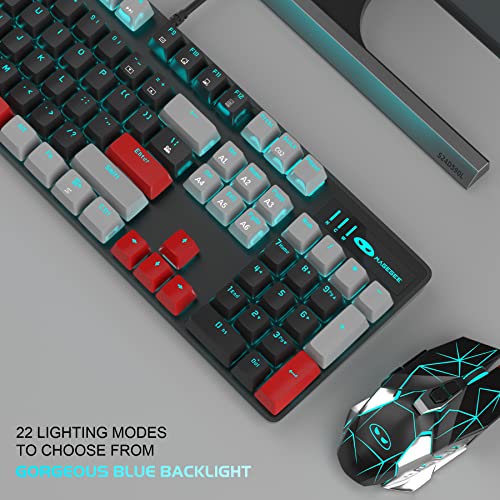 MageGee Mechanical Gaming Keyboard, 104 Keys Blue Backlit Keyboard with Red Switches Double-Shot Keycaps, USB Wired Mechanical Computer Keyboard for Laptop, Desktop, PC Gamers(Gray & Black)