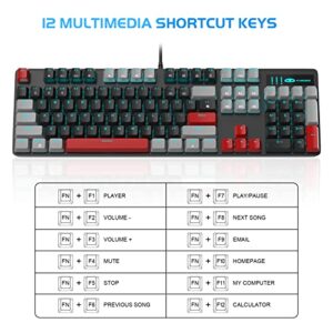 MageGee Mechanical Gaming Keyboard, 104 Keys Blue Backlit Keyboard with Red Switches Double-Shot Keycaps, USB Wired Mechanical Computer Keyboard for Laptop, Desktop, PC Gamers(Gray & Black)