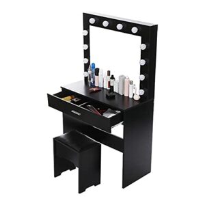 teegui vanity set with lighted mirror, makeup vanity dressing table dresser desk chair with large drawer for bedroom, black bedroom furniture(12 cool led bulbs) [us shipping]