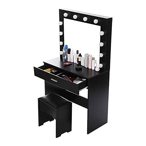 TEEGUI Vanity Set with Lighted Mirror, Makeup Vanity Dressing Table Dresser Desk Chair with Large Drawer for Bedroom, Black Bedroom Furniture(12 Cool LED Bulbs) [US Shipping]