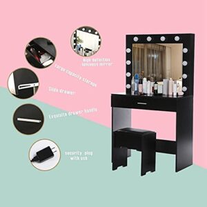 TEEGUI Vanity Set with Lighted Mirror, Makeup Vanity Dressing Table Dresser Desk Chair with Large Drawer for Bedroom, Black Bedroom Furniture(12 Cool LED Bulbs) [US Shipping]