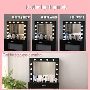 TEEGUI Vanity Set with Lighted Mirror, Makeup Vanity Dressing Table Dresser Desk Chair with Large Drawer for Bedroom, Black Bedroom Furniture(12 Cool LED Bulbs) [US Shipping]