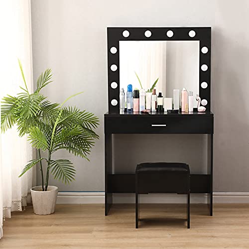 TEEGUI Vanity Set with Lighted Mirror, Makeup Vanity Dressing Table Dresser Desk Chair with Large Drawer for Bedroom, Black Bedroom Furniture(12 Cool LED Bulbs) [US Shipping]