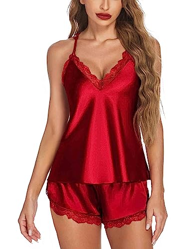 Avidlove Pajamas Womens Sexy Lingerie Satin Sleepwear Cami Shorts Set Nightwear Wine Red Small