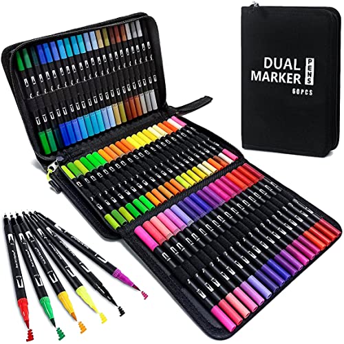 SCOPOW Markers for Adult Coloring 60 Dual Brush Marker Pen Set with Case, Fine and Brush Tip Artist Colored Markers for Kids, Watercolor Markers for Coloring Books Bullet Journaling Drawing