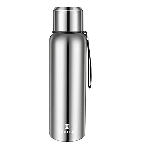 Insulated vacuum Thermo Bottle 1000ml/33oz with cup Stainless steel coffee bottles for hot and cold drink water flask.(Silver,1000ml)