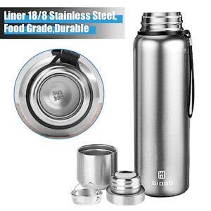 Insulated vacuum Thermo Bottle 1000ml/33oz with cup Stainless steel coffee bottles for hot and cold drink water flask.(Silver,1000ml)