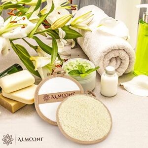 Almooni Premium Egyptian Exfoliating Loofah Pad Body Scrubber - Round loofa Shape - Made with Natural Egyptian Shower lufa Sponge That Gets You Clean - Not Just Spreading Soap -2 Pack