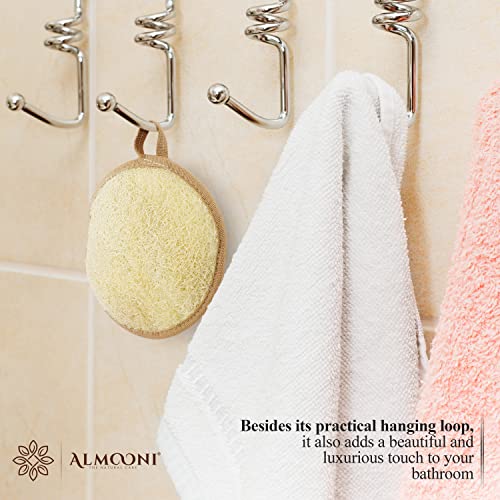 Almooni Premium Egyptian Exfoliating Loofah Pad Body Scrubber - Round loofa Shape - Made with Natural Egyptian Shower lufa Sponge That Gets You Clean - Not Just Spreading Soap -2 Pack