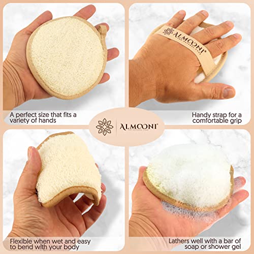 Almooni Premium Egyptian Exfoliating Loofah Pad Body Scrubber - Round loofa Shape - Made with Natural Egyptian Shower lufa Sponge That Gets You Clean - Not Just Spreading Soap -2 Pack