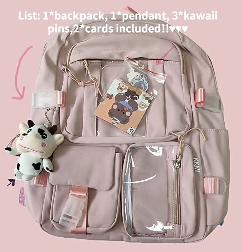 GGOOB Kawaii Backpack with Pins Kawaii School Backpack Cute Aesthetic Backpack Cute Kawaii Backpack for School (Pink,With Accessories)