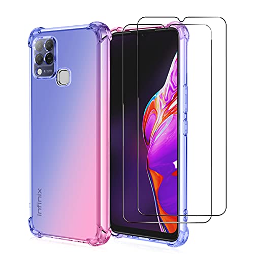 ZMONE Phone Case for Infinix Hot 10S Case with Tempered Glass Screen Protector [2 Pack], Clear Gradient Soft TPU Bumper Slim Anti-Scratch Shockproof Protective Cover - Blue/Pink