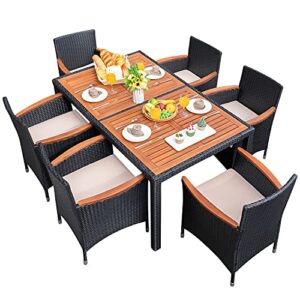 flamaker 7 pcs outdoor patio dining set, outdoor patio furniture set, rattan chairs with large wood table for garden and yard