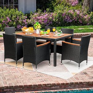 Flamaker 7 PCS Outdoor Patio Dining Set, Outdoor Patio Furniture Set, Rattan Chairs with Large Wood Table for Garden and Yard