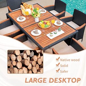 Flamaker 7 PCS Outdoor Patio Dining Set, Outdoor Patio Furniture Set, Rattan Chairs with Large Wood Table for Garden and Yard