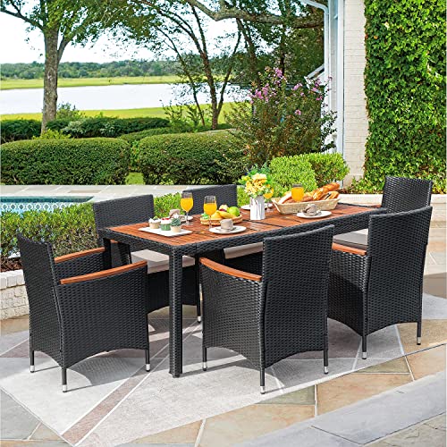 Flamaker 7 PCS Outdoor Patio Dining Set, Outdoor Patio Furniture Set, Rattan Chairs with Large Wood Table for Garden and Yard