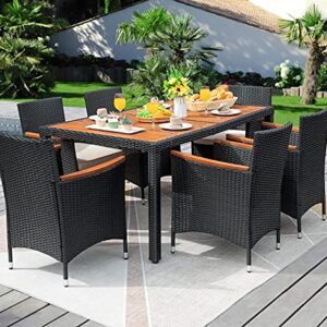 Flamaker 7 PCS Outdoor Patio Dining Set, Outdoor Patio Furniture Set, Rattan Chairs with Large Wood Table for Garden and Yard