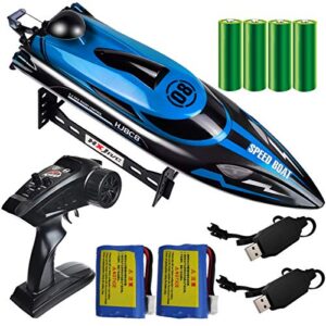 hongxunjie 2.4ghz rc boat- 22+ mph high speed remote control boat for adults and kids for lakes and pools with 2 rechargeable batteries, low battery alarm, capsize recovery (blue) age 14+