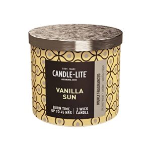 candle-lite premium vanilla sun scent, 14 oz. 3-wick aromatherapy candle with up to 45 hours of burn time, yellow