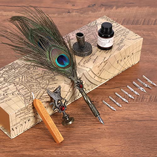 CunMei Quill Pen, Feather Pen Ink Set, Calligraphy Pen Set With Feather Pen Dip Pen, 20ML Ink, 8 Replaceable Nibs, Seal, Wax Seal, Pen Holder, Vintage Engraving Romantic Art Gift (Malachite Green)