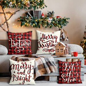 Christmas Decorations Christmas Pillow Covers 18x18 Inches Set of 4 Farmhouse Buffalo Plaid Black and Red Throw Pillow Case Winter Holiday Christmas Decor Home Sofa Couch Cushion Indoor Decorations