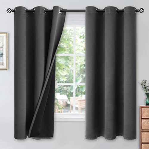 YoungsTex Dark Grey 100% Blackout Curtains 63 Inches Long for Bedroom Grommet Total Blackout Window Curtains 63 Inches Length with Thermal Insulated Backing, 2 Panels, 42 x 63 Inch