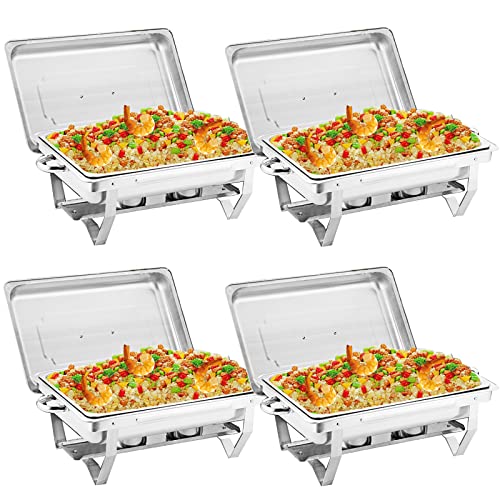 BotaBay Pack of 4 Chafing Dish 8 Quart High-Grade Stainless Steel Pans Chafers and Buffet Warmers Sets with Water Pan, Food Pan, Fuel Holder and Lid Catering Full Size