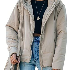 Dokotoo Womens Oversized Fashion Windbreaker Winter Autumn Full Zipper Front Drawstring Hooded Bomber Puffer Jacket Baggy Short Coats for Women Warm Comfy Soft Outerwear with Pockets Beige Medium