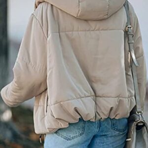 Dokotoo Womens Oversized Fashion Windbreaker Winter Autumn Full Zipper Front Drawstring Hooded Bomber Puffer Jacket Baggy Short Coats for Women Warm Comfy Soft Outerwear with Pockets Beige Medium