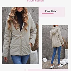 Dokotoo Womens Oversized Fashion Windbreaker Winter Autumn Full Zipper Front Drawstring Hooded Bomber Puffer Jacket Baggy Short Coats for Women Warm Comfy Soft Outerwear with Pockets Beige Medium