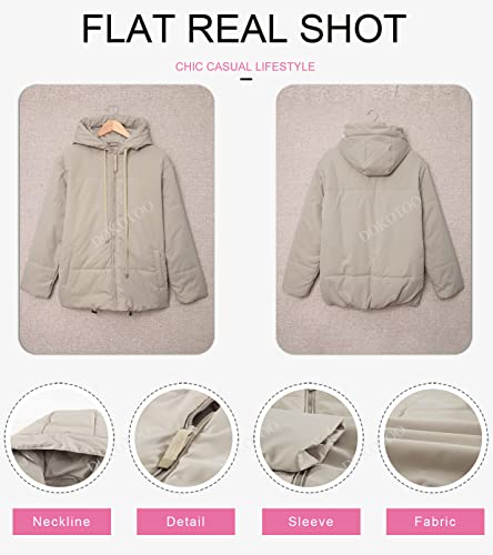 Dokotoo Womens Oversized Fashion Windbreaker Winter Autumn Full Zipper Front Drawstring Hooded Bomber Puffer Jacket Baggy Short Coats for Women Warm Comfy Soft Outerwear with Pockets Beige Medium