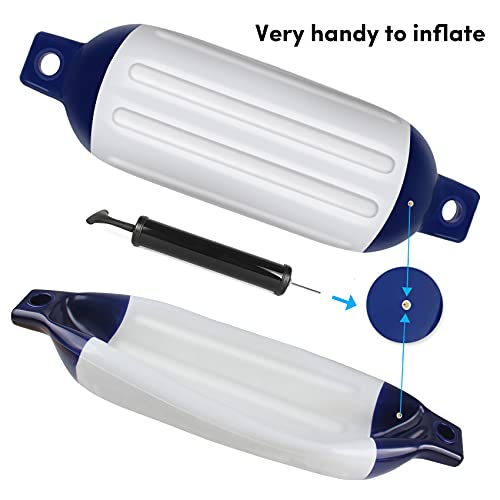 VEITHI Boat Fenders 4Pack, Ribbed Twin Eyes Vinyl Boat Fender Bumpers, Boat Bumpers for Docking Come with Ropes Needles and Pump to Inflate, Bumpers of Boats 8.5 x 27 inch White/Blue
