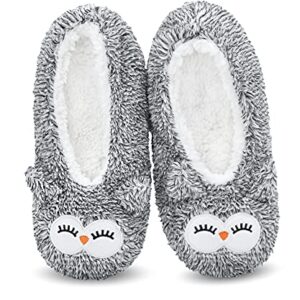 DICUIRD Womens Smiley Animal Face Soft Sole Slipper Socks with Grippers-Fuzzy House Slippers(owl,8-10)