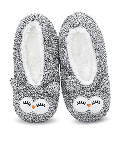 DICUIRD Womens Smiley Animal Face Soft Sole Slipper Socks with Grippers-Fuzzy House Slippers(owl,8-10)