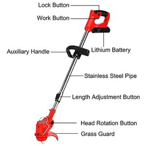 Battery Powered Weed Eater Edger Lawn Tool Cordless Trimmers Lawn Edger String Trimmer with Batteries & Replace Blades for Yard Garden,red