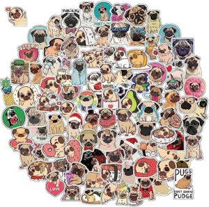 100 pack cute pug dog stickers for water bottle car laptop, waterproof aesthetic trendy sticker, great gift for pug lover kids teens