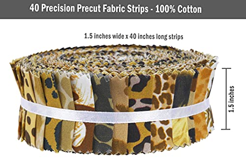 Soimoi 40Pcs Floral Artistic Print Precut Fabrics Strips Roll Up 1.5x42inches Cotton Jelly Rolls for Quilting - Light Brown