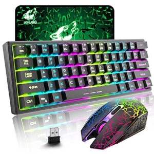 ziyou lang t61 wireless gaming keyboard and mouse combo with ergonomic 61 key rainbow led backlight anti-ghosting mechanical feel rechargeable 4000mah battery mouse pad for pc mac gamer typists(black)