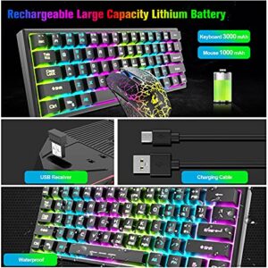 ZIYOU LANG T61 Wireless Gaming Keyboard and Mouse Combo with Ergonomic 61 Key Rainbow LED Backlight Anti-ghosting Mechanical Feel Rechargeable 4000mAh Battery Mouse Pad for PC MAC Gamer Typists(Black)