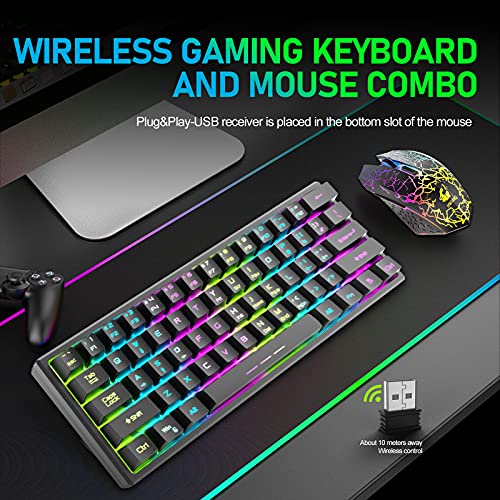 ZIYOU LANG T61 Wireless Gaming Keyboard and Mouse Combo with Ergonomic 61 Key Rainbow LED Backlight Anti-ghosting Mechanical Feel Rechargeable 4000mAh Battery Mouse Pad for PC MAC Gamer Typists(Black)
