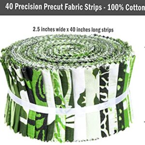 Soimoi 40Pcs Block Print Cotton Precut Fabrics for Quilting Craft Strips 2.5x42inches Jelly Roll - Green