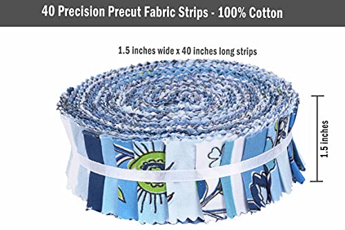 Soimoi 40Pcs Block Print Precut Fabrics Strips Roll Up 1.5x42inches Cotton Jelly Rolls for Quilting - Blue