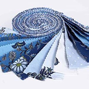 Soimoi 40Pcs Block Print Precut Fabrics Strips Roll Up 1.5x42inches Cotton Jelly Rolls for Quilting - Blue