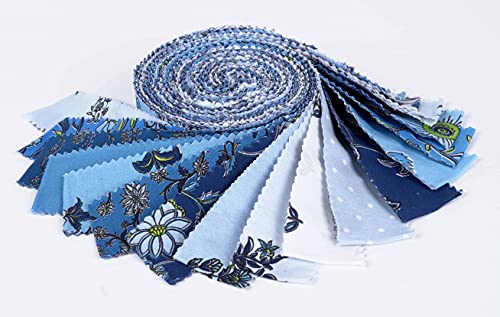 Soimoi 40Pcs Block Print Precut Fabrics Strips Roll Up 1.5x42inches Cotton Jelly Rolls for Quilting - Blue