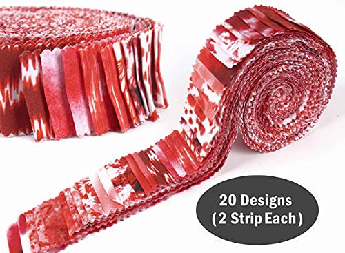 Soimoi 40Pcs Tie Dye Print Precut Fabrics Strips Roll Up 1.5x42inches Cotton Jelly Rolls for Quilting - Red