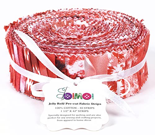 Soimoi 40Pcs Tie Dye Print Precut Fabrics Strips Roll Up 1.5x42inches Cotton Jelly Rolls for Quilting - Red