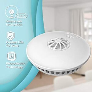 Ecoey Fire Alarms Smoke Detectors, 10-Year Smoke and Heat Detector with Built-in Battery for Home Bedroom, Smoke Detector and Heat Alarm with Easy Install and Test Button, FJ192, 2 Packs