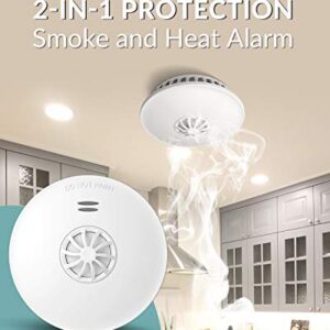 Ecoey Fire Alarms Smoke Detectors, 10-Year Smoke and Heat Detector with Built-in Battery for Home Bedroom, Smoke Detector and Heat Alarm with Easy Install and Test Button, FJ192, 2 Packs