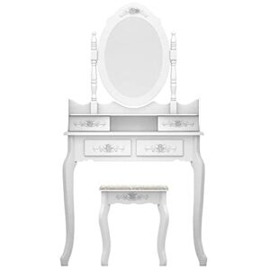 jxms makeup mirror desk chair 3pc vanity desk set makeup storage organizer computer desk dresser with cushioned stool for bedroom swivel mirror modern vanity 4 drawers -white without lights