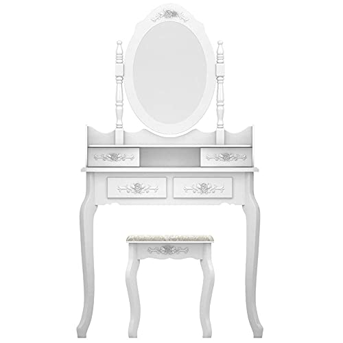 JXMS Makeup Mirror Desk Chair 3Pc Vanity Desk Set Makeup Storage Organizer Computer Desk Dresser with Cushioned Stool for Bedroom Swivel Mirror Modern Vanity 4 Drawers -White Without Lights